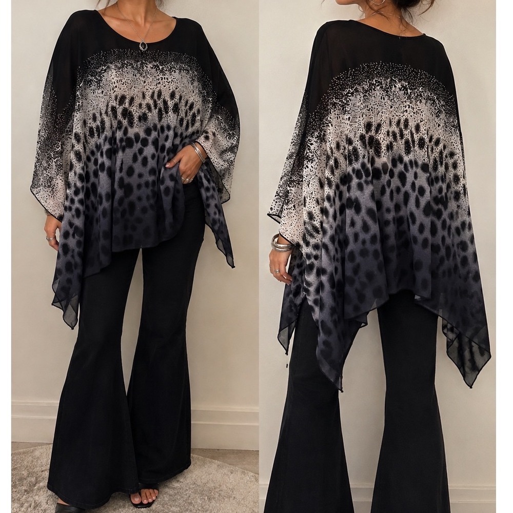 India Boutique Leopard Print Sheer Poncho Top Black Grey Sharkbite One Size zz